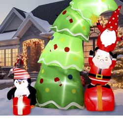 New In Box! 3in1 7 ft Inflatable Christmas Tree Outdoor Decoration Blow up Tree with Santa Gnomes Snowmen Gift Boxes Yard Decorations Build-in LED Lig