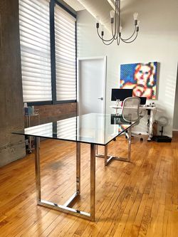 CB2 rectangular glass dining table with chrome base