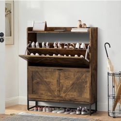 Shoe Cabinet, Shoe Storage Cabinet with 2 Flip Drawers & Adjustable Shelf,