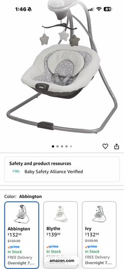Graco Simple Sway Baby Swing, Side‑to‑Side Sway, Infant Swing with 6 Speeds, Vibration, Abbington — Brand New, Sealed in Box.