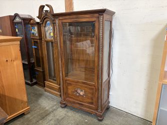 Vintage Warm Finish Glass Front Curio Cabinet with Hand Painted Floral Accents