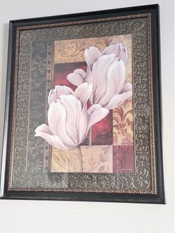 This is a Sara Kaye framed floral print featuring white tulips on a red and textured background.