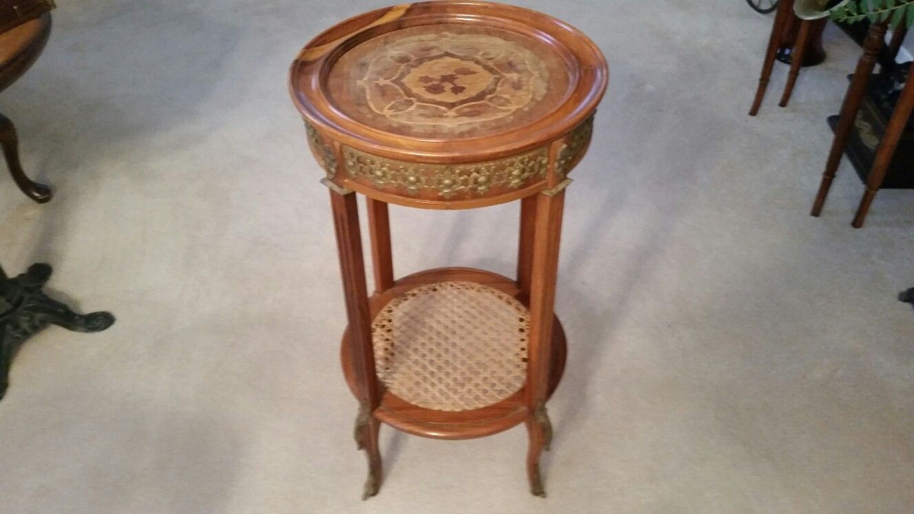 Antique inlaid wood, wicker and brass table