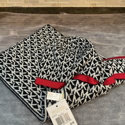 MICHAEL KORS SCARF & HAT SET BLACK/WHITE MK LOGO RED tRIM NEW AUTHENTIC