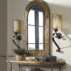 MID CENTURY XXL 30" ANTIQUED RESTORATION METAL GLASS GLOBE WALL CANDLE SCONCE

