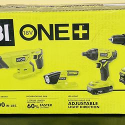 Ryobi ONE+ 18V Lithium-Ion Cordless 4-Tool Combo Kit with (2) Batteries, 18V Charger, and Bag