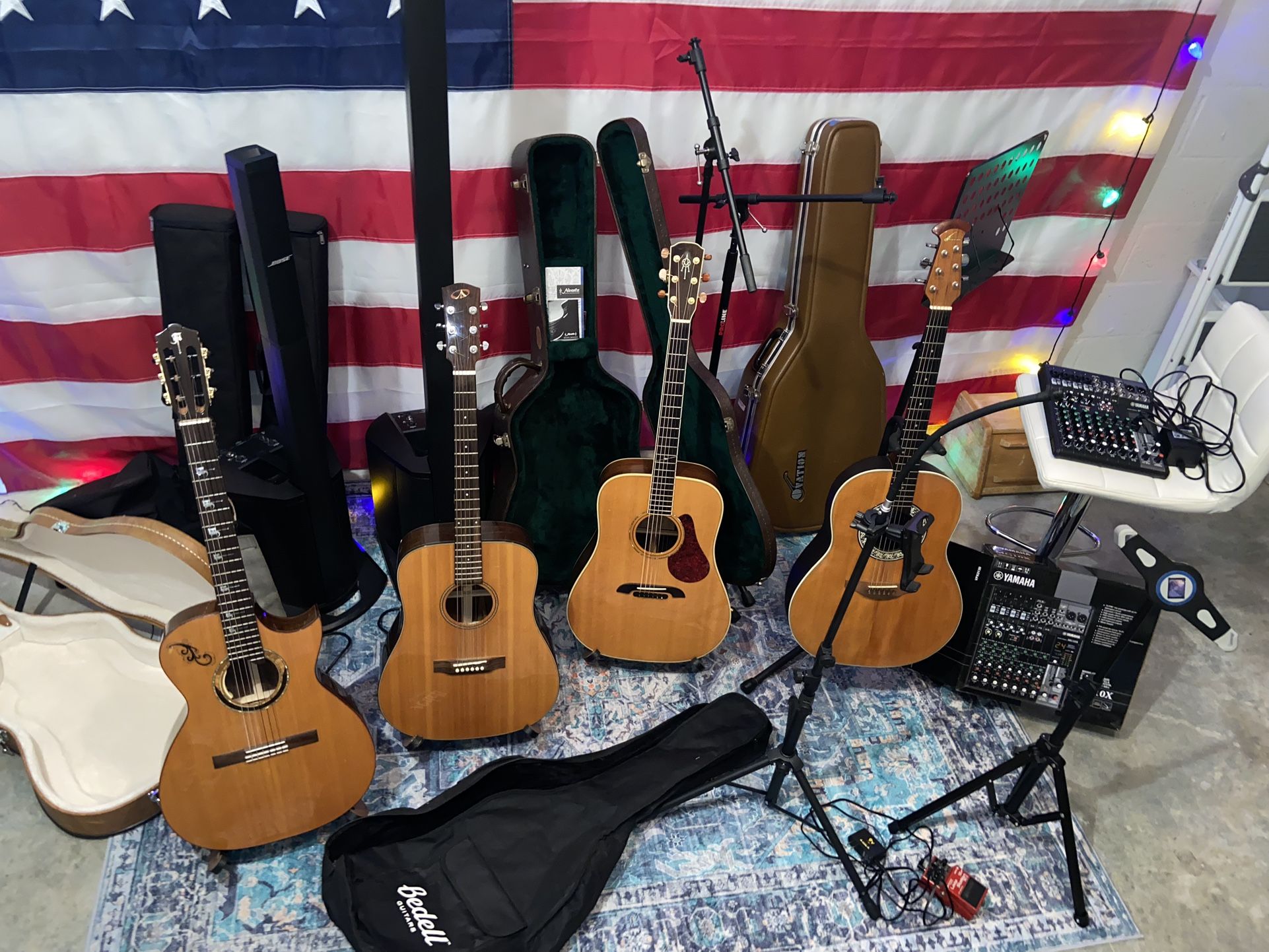 Guitars-PA System-mixer-stands