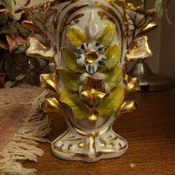 Antique Victorian Encrusted Floral Spill Vase - Hand-Painted Gold Gilt - c. 1880