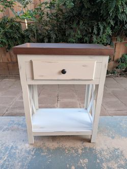 Rustic Farmhouse Side Table / Nightstand – Two-Tone Distressed White & Brown