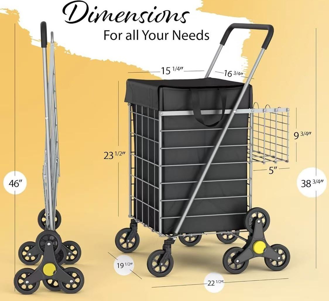 ✌️ Stairs Climbing Shopping Cart w/Waterproof Basket Liner & 360° Swivel Wheels, Foldable Collapsible & Lightweight, Perfect for Groceries