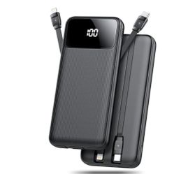 Tikland 10,000mAh Portable Charger with Built-in Cables,22.5W Fast Portable Charger Power Bank with USB-C, Battery Pack with LED Display Compat