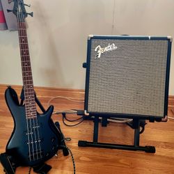 Ibanez Mikro Electric Bass Guitar  w Fender Rumble 25 Amp W  Stands