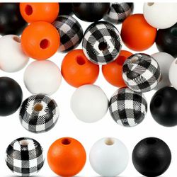 160 Pcs Wooden Beads for Crafts Buffalo Plaid Wooden Beads Farmhouse Beads for DIY Garland Christma Thanksgiving Halloween Home Decor (Black White Pla
