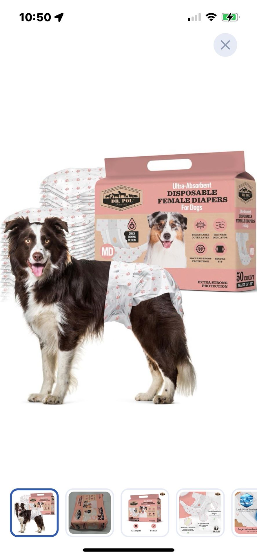 “New”Female Dog Diaper(Med.)”50 Count”Super Absorbent,Leak Proof W/wetness Indicator(retail$45)