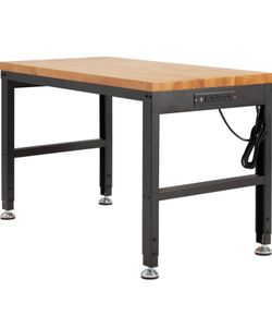 Adjustable Workbench for Garage,48"x 24" Rubber Wood Top Worktable with Power Outlets, Max 2000 Lbs Load Capacity Heavy Duty Workstation for Workshop 