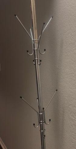 Tension-mounted Crome-finish metal coat rack with multiple hooks
