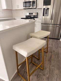 White Faux Leather Bar Stools (2) - Gold Legs
