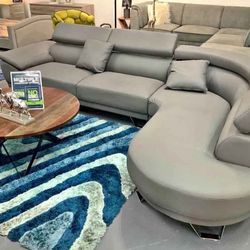 New Grey Leather Curved Sectional - Shop Now Pay Later 