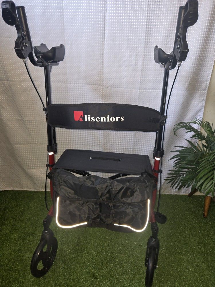 Aliseniors Upright Walker, Stand Up Rollator Walker with Seat, Foldable 4 Wheel Rolling Walker, Medical Aluminum Walkers , Andador