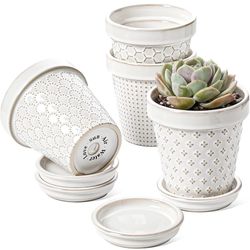 Succulent Pots, Cute Indoor Plant Pot with Saucer, 4 Inch Mini Ceramic Flower Pots with Drainage, for Plant Lover or Mothers Day,Housewarming, Decorat