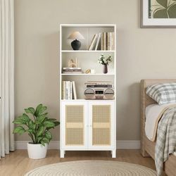 New -5-Shelf Bookcase with Rattan Doors, Tall Display Shelves for Home Office & Bedroom, White