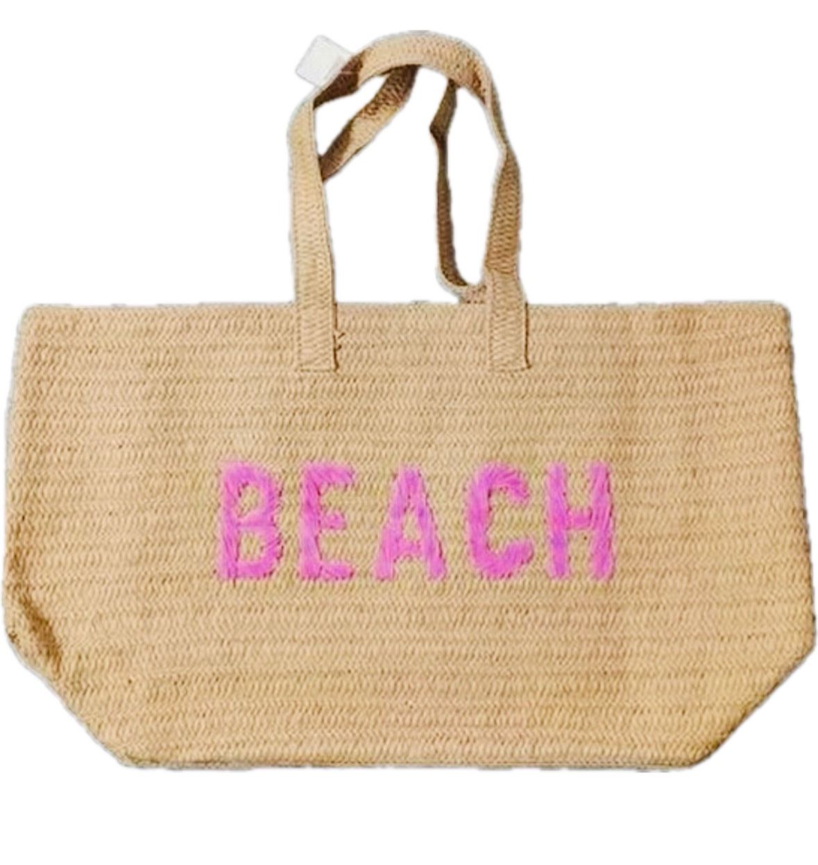 23" Oversized BEACH Straw Tote Embroidered Double Handle Weekend Beach Bag