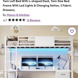 Twin Loft Bed With L-shaped Desk, Twin Size Bed Frame With Led Lights & Charging Sation, 3 Fabric Dr