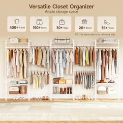 H5 Wall Mounted Closet System, Industrial Pipe Clothes Rack, White Clothing Rack with 4 Telescopic Rods & 3 Fixing Rods & 9 Shelves, Heavy Duty Closet