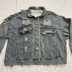 Women Denim Jean Jacket Outerwear Distressed Tears Fashion Style Button Front L
