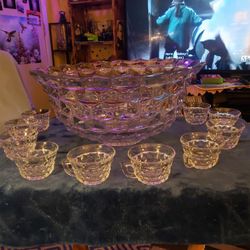 Early American Antique Fostoria Crystal Punch Bowl & 12 Cups