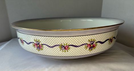 Rare Vintage Large 15” Fine Semi Porcelain Bowl Tam Ware LTD Made in England Polka Dots and Purple Ribbon Design “As Is”