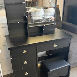 5-Drawers Makeup Vanity Sets Wood Dressing Sets With Big Mirror, Stool and 3-Tier Storage Shelves, Black