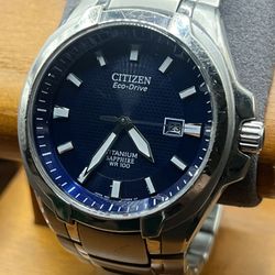 Citizen Eco-Drive Titanium Sapphire Date Watch - Blue Dial, WR100 w/ Presentation Box