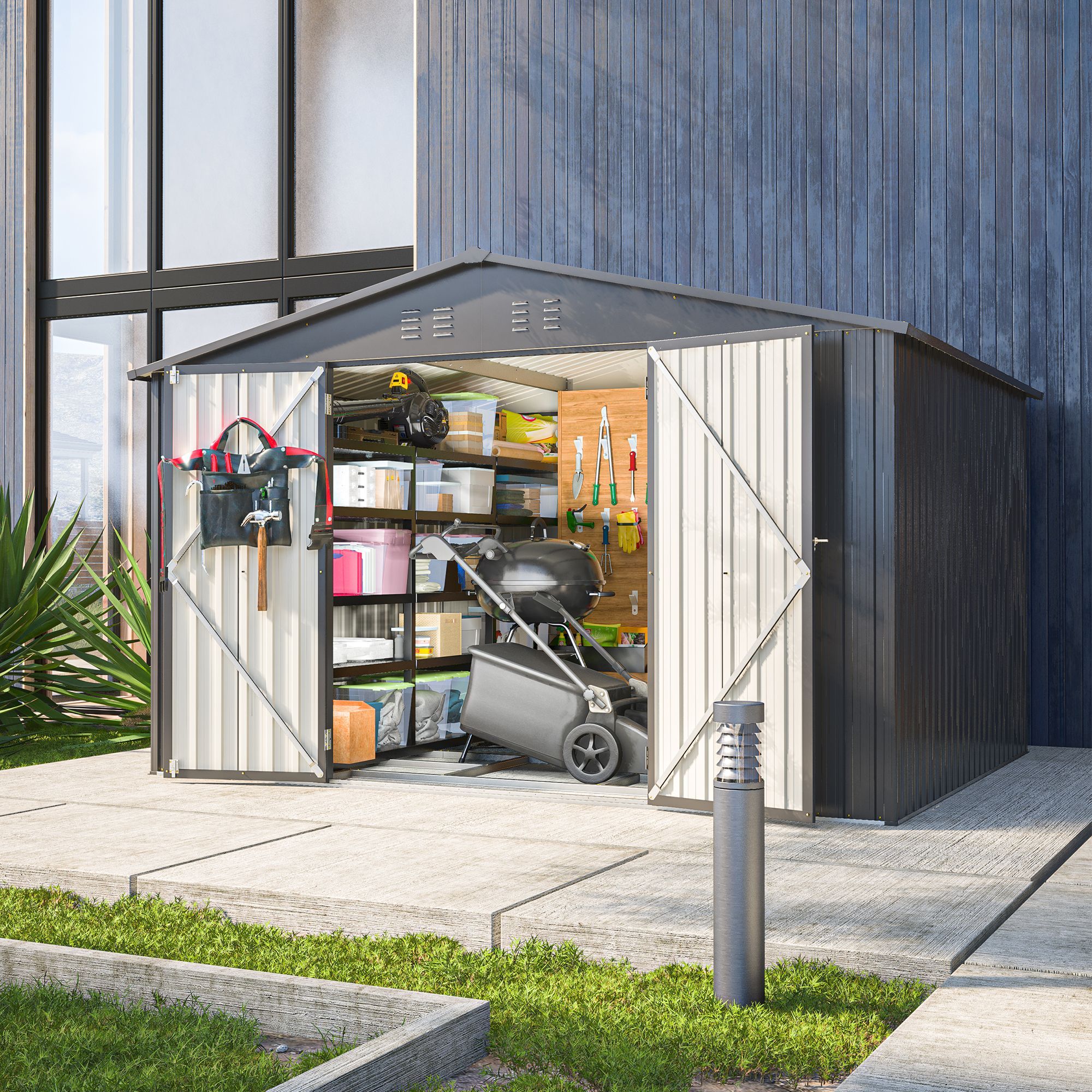 10x8 FT Metal Shed for Tools: Outdoor Black, Lockable, for Garden, Patio & Lawn