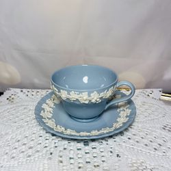 Vintage Tea Cup and Saucer, Wedgwood of Etruria & Barlaston, Shell Edge, Cream on Lavender (Blue) Embossed Queen's Ware