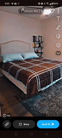 King size bed includes headboard, frame, mattress with two box springs, will also throw in sheets and comforter