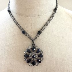 Black Rhinestone Statement Pendant Necklace Gunmetal Tone Multi Strand