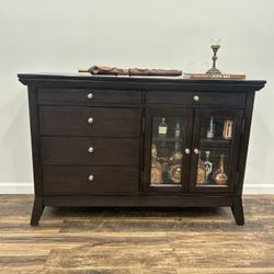 Espresso Wood Dining Buffet Server with Glass Display & Storage Drawers