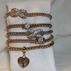 XOXO Heart Charm Five Bracelet Set.  In Rose Gold, Gold And Silver Tone, Accented With Rhinestones
