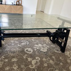 Industrial Adjustable Crank Coffee Table – Glass Top – Cast Iron Base
