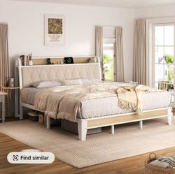 Upholstered Queen Platform Bed Frame with Charging Port