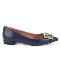 VALENTINO BY MARIO VALENTINO FLORA LOGO BUCKLE POINTED TOE FLAT IN BLUE