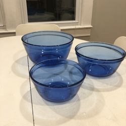 3 Vintage Cobalt Blue Anchor Ovenware Mixing Bowls