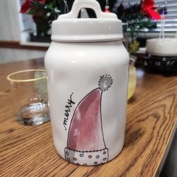 Rae Dunn Merry Santa Hat Watercolor Christmas 6" Canister EUC