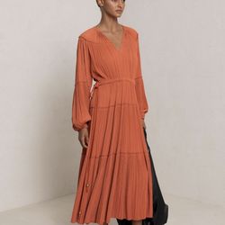 A.L.C Jenna Pleated Midi Dress Burnt Orange Tassel Tie Boho Aprox Size L