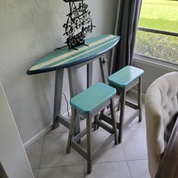 Surf Board Table And 2 Stools
