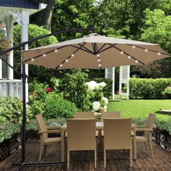 Patio Umbrella New In Packaging Solar Paneled 40 LED Lights Cantilever Frame 10 Ft With Tilt Feature