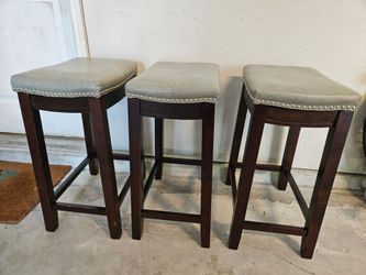 Set of 3 Counter Height Bar Stools – Solid Wood with Gray Upholstered Seats