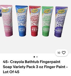 New Crayola Bathtub Fingerpaint Soap variety pack 45 tubes. Each tube is 3 ounces and the assortment includes colors like Flamingo Pink, Bluetiful Blu