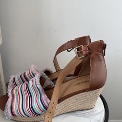 comfortview Multicolor Striped Espadrille Wedges with Brown Ankle Straps size 10
